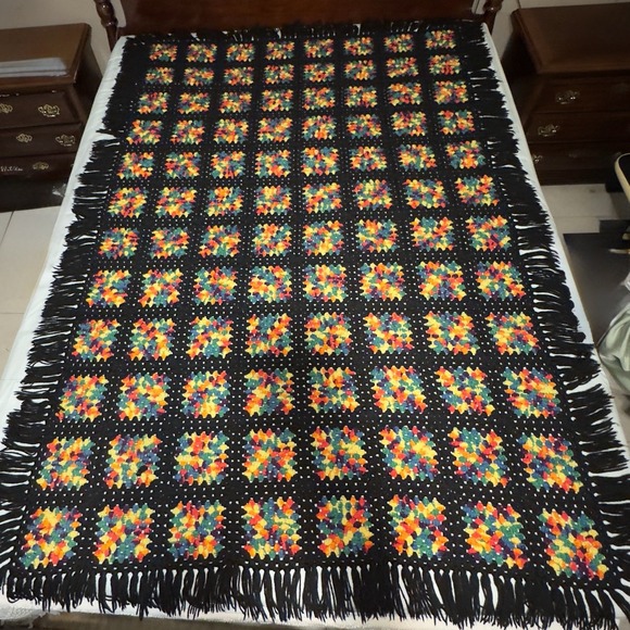 Handmade Other - Vtg Handmade Crochet Knit Granny Square Throw Blanket Cottagecore Black Fringe